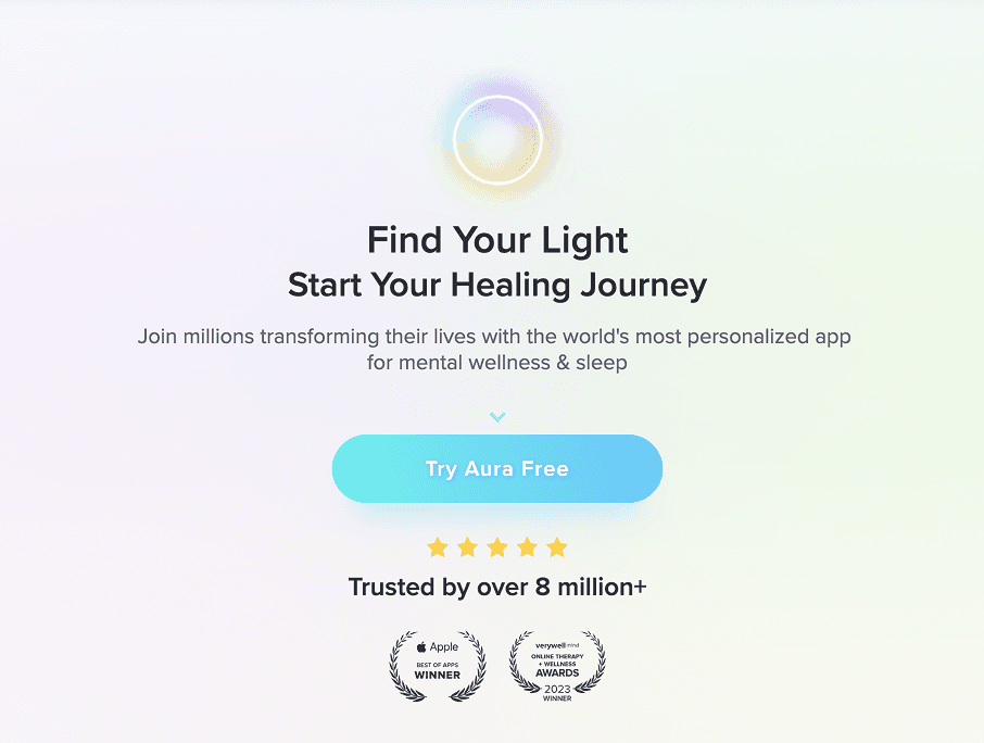 Aura Health AI onboarding interface showing personalized sleep recommendations and mindfulness features with 10% activation lift